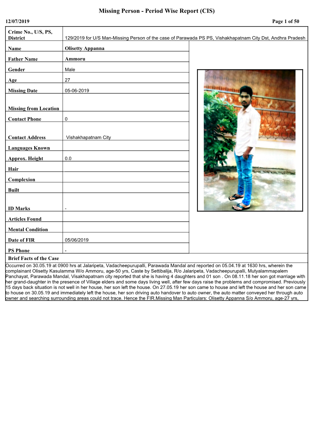 Missing Person - Period Wise Report (CIS) 12/07/2019 Page 1 of 50