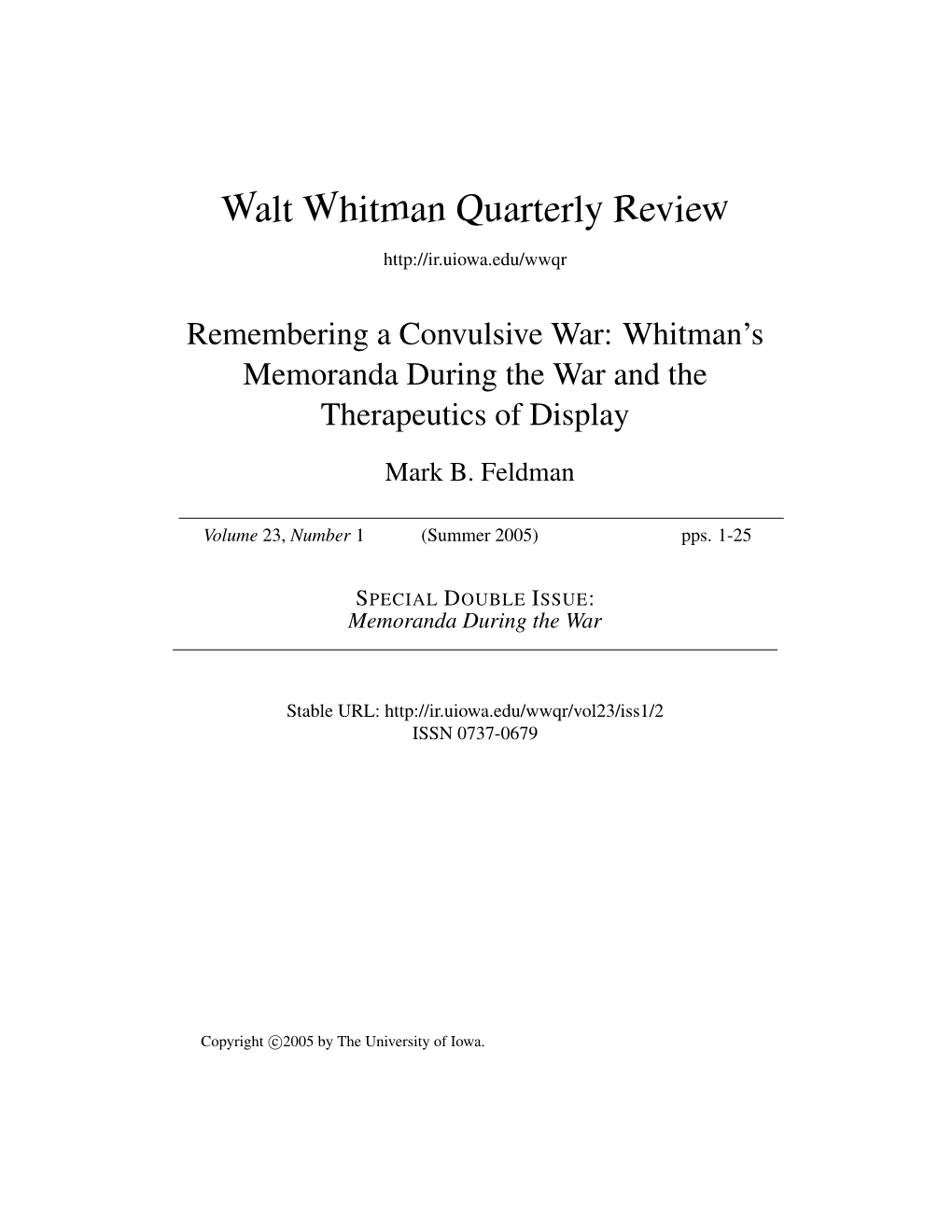 Walt Whitman Quarterly Review