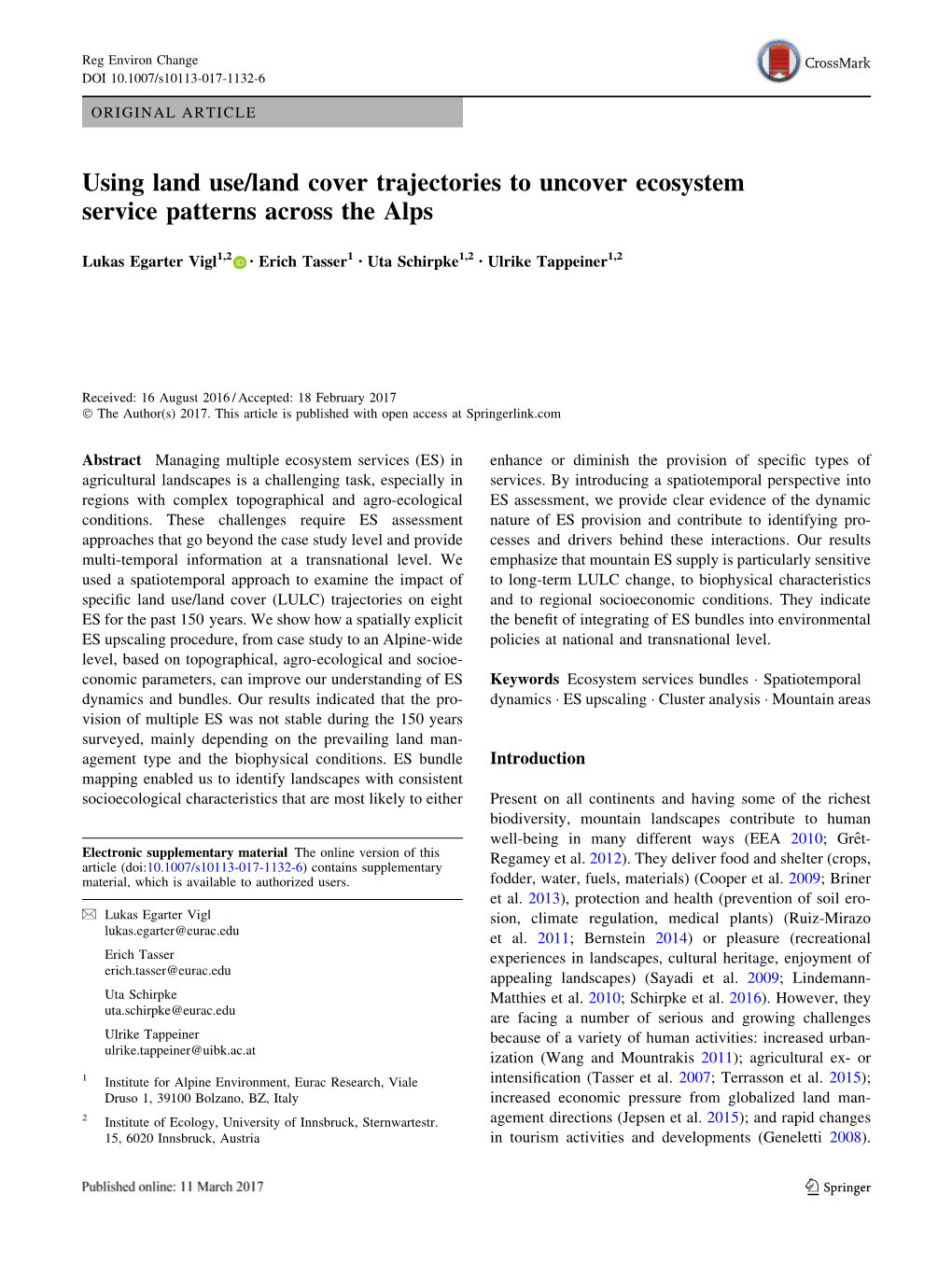 Using Land Use/Land Cover Trajectories to Uncover Ecosystem Service Patterns Across the Alps