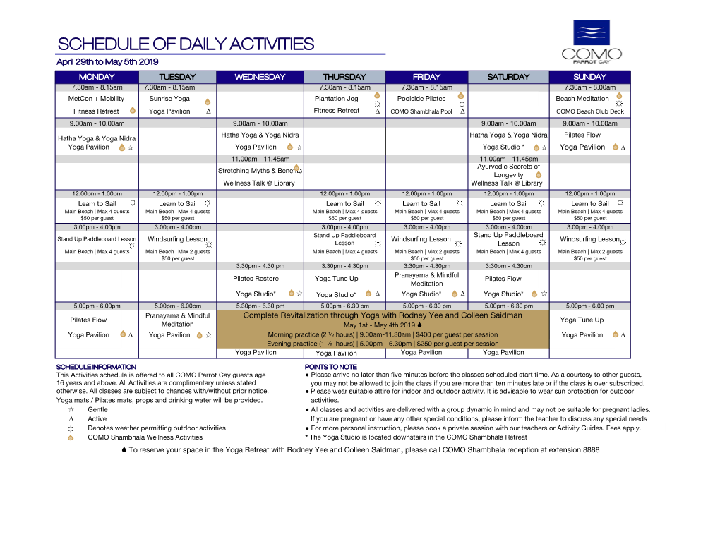 SCHEDULE of DAILY ACTIVITIES April 29Th to May 5Th 2019