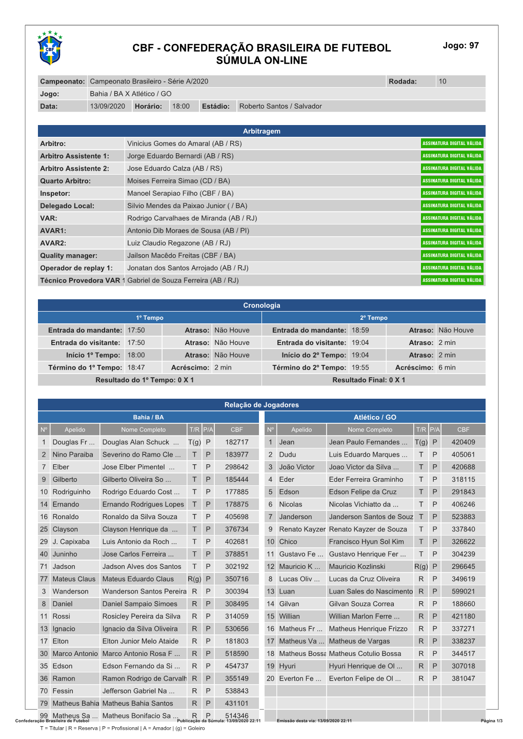 CBF - CONFEDERAÇÃO BRASILEIRA DE FUTEBOL Jogo: 97 SÚMULA ON-LINE