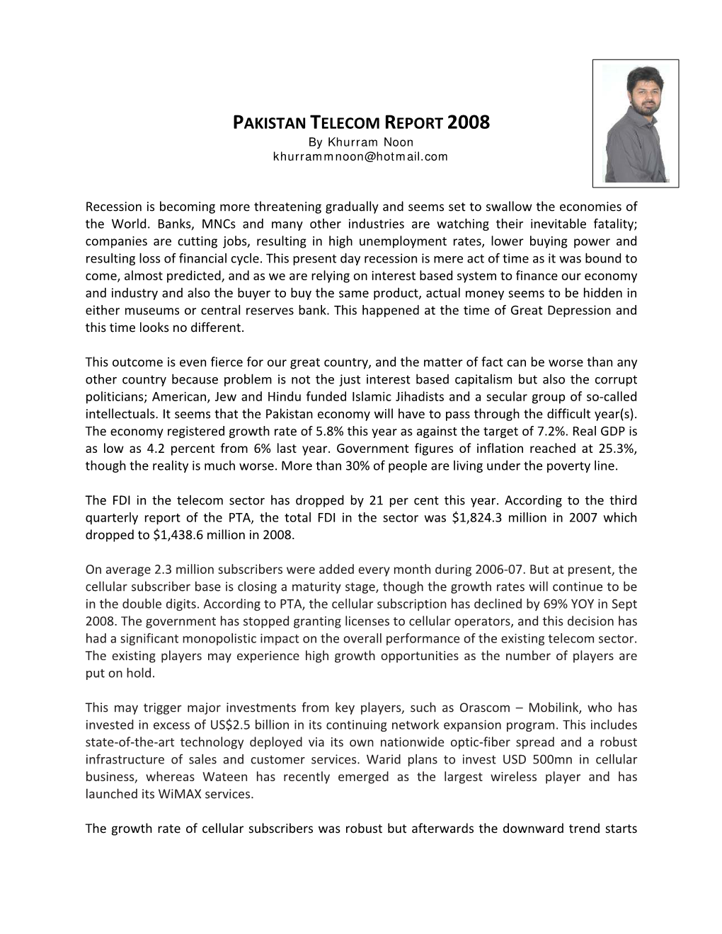 PAKISTAN TELECOM REPORT 2008 by Khurram Noon Khurrammnoon@Hotmail.Com