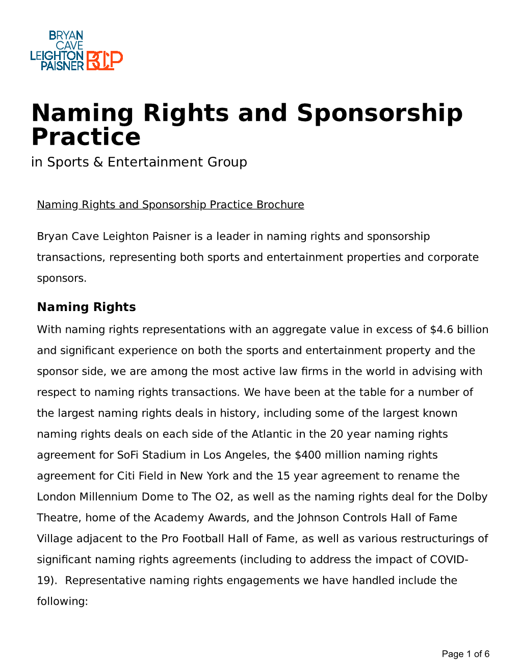 Naming Rights and Sponsorship Practice in Sports & Entertainment Group