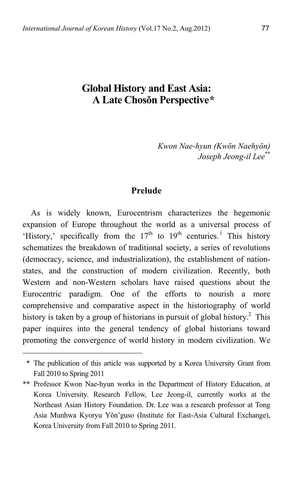 Global History and East Asia: a Late Chosŏn Perspective*