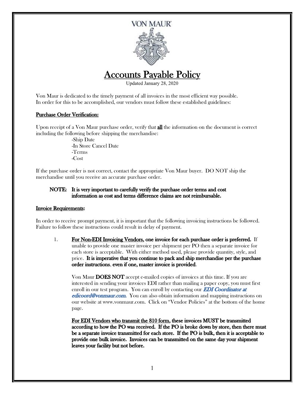 Accounts Payable Policy Updated January 28, 2020