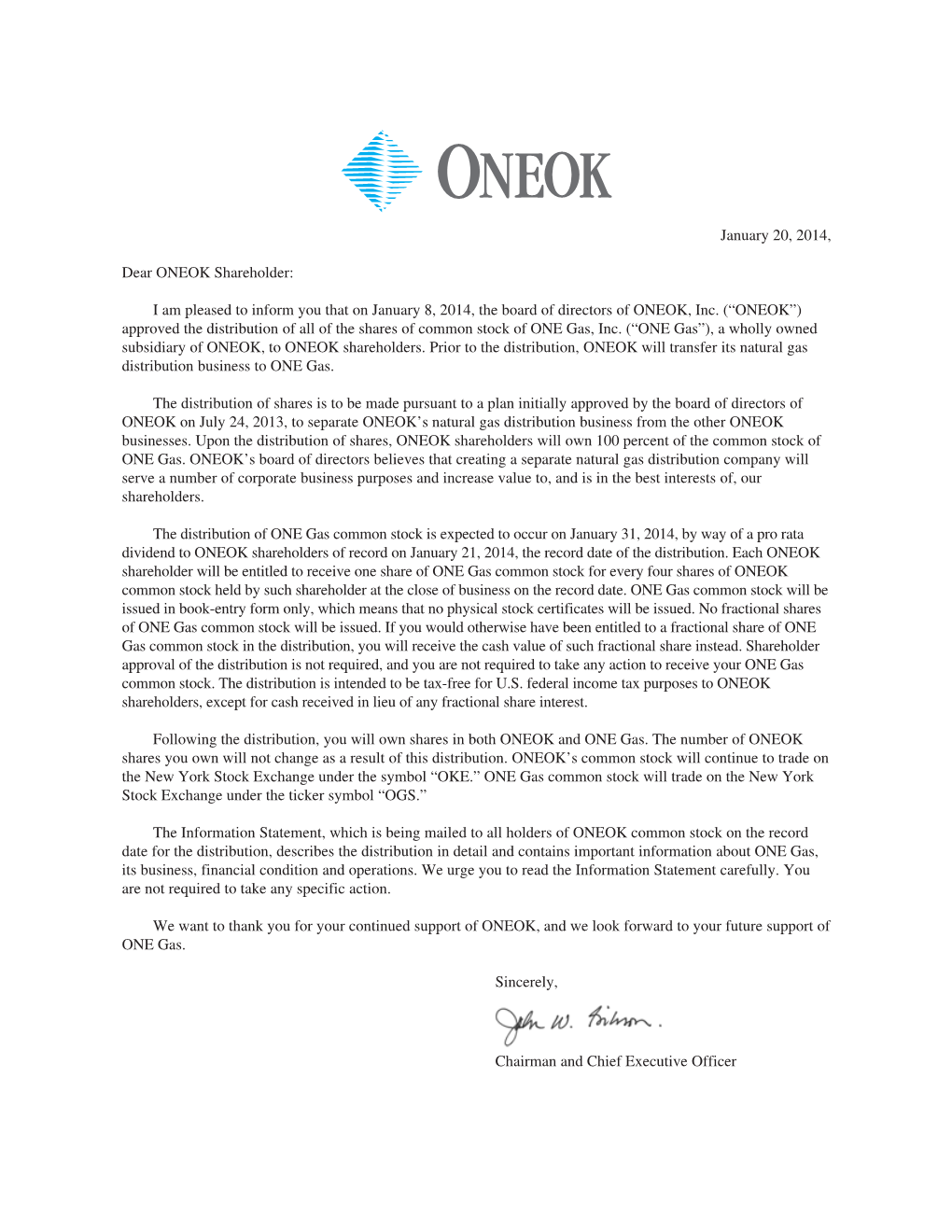 January 20, 2014, Dear ONEOK Shareholder