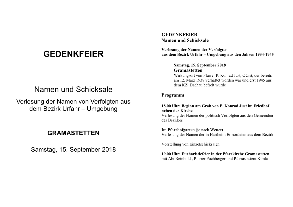 GEDENKFEIER Namen Und Schicksale Verlesung Der Namen Der Verfolgten GEDENKFEIER Aus Dem Bezirk Urfahr – Umgebung Aus Den Jahren 1934-1945