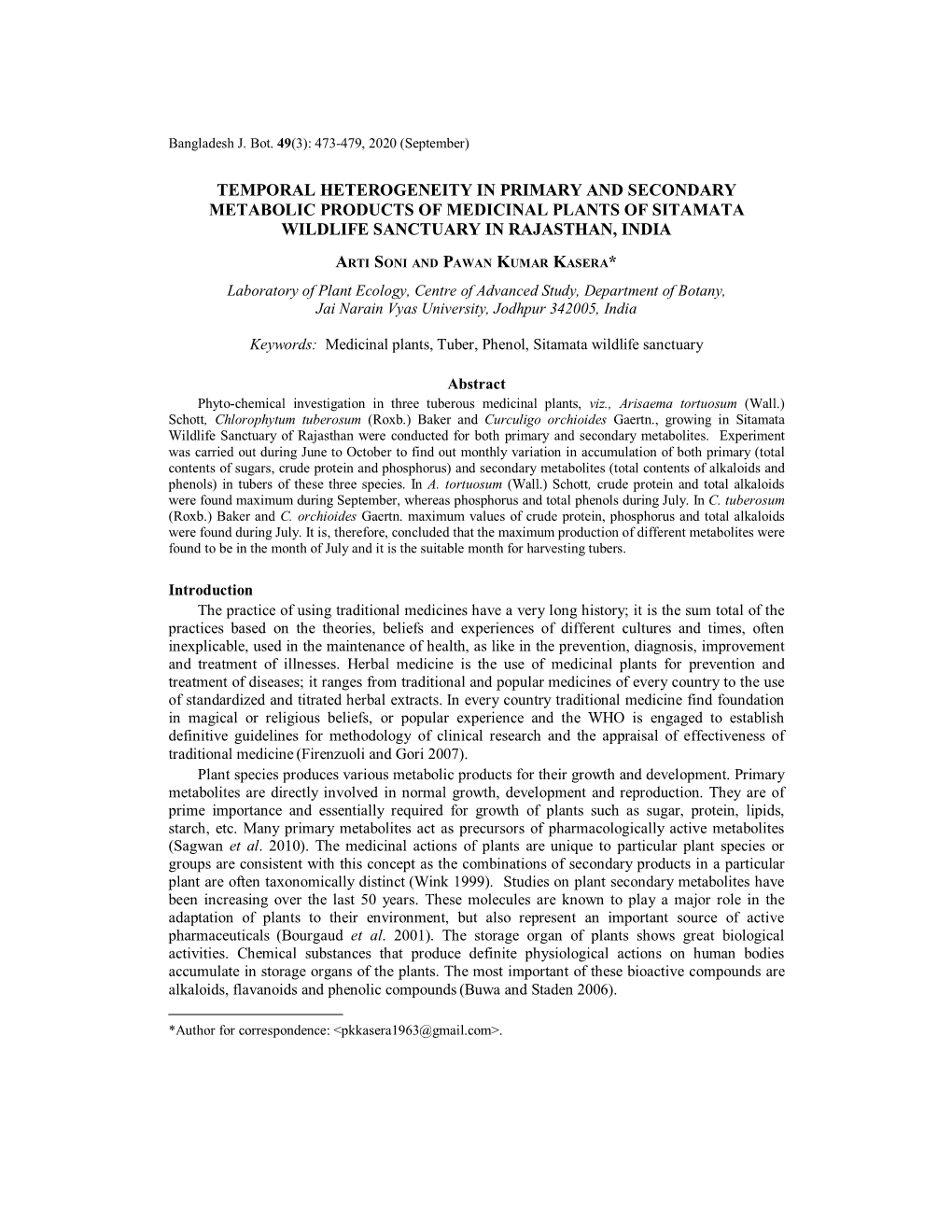 Temporal Heterogeneity in Primary and Secondary Metabolic Products of Medicinal Plants of Sitamata Wildlife Sanctuary in Rajasthan, India