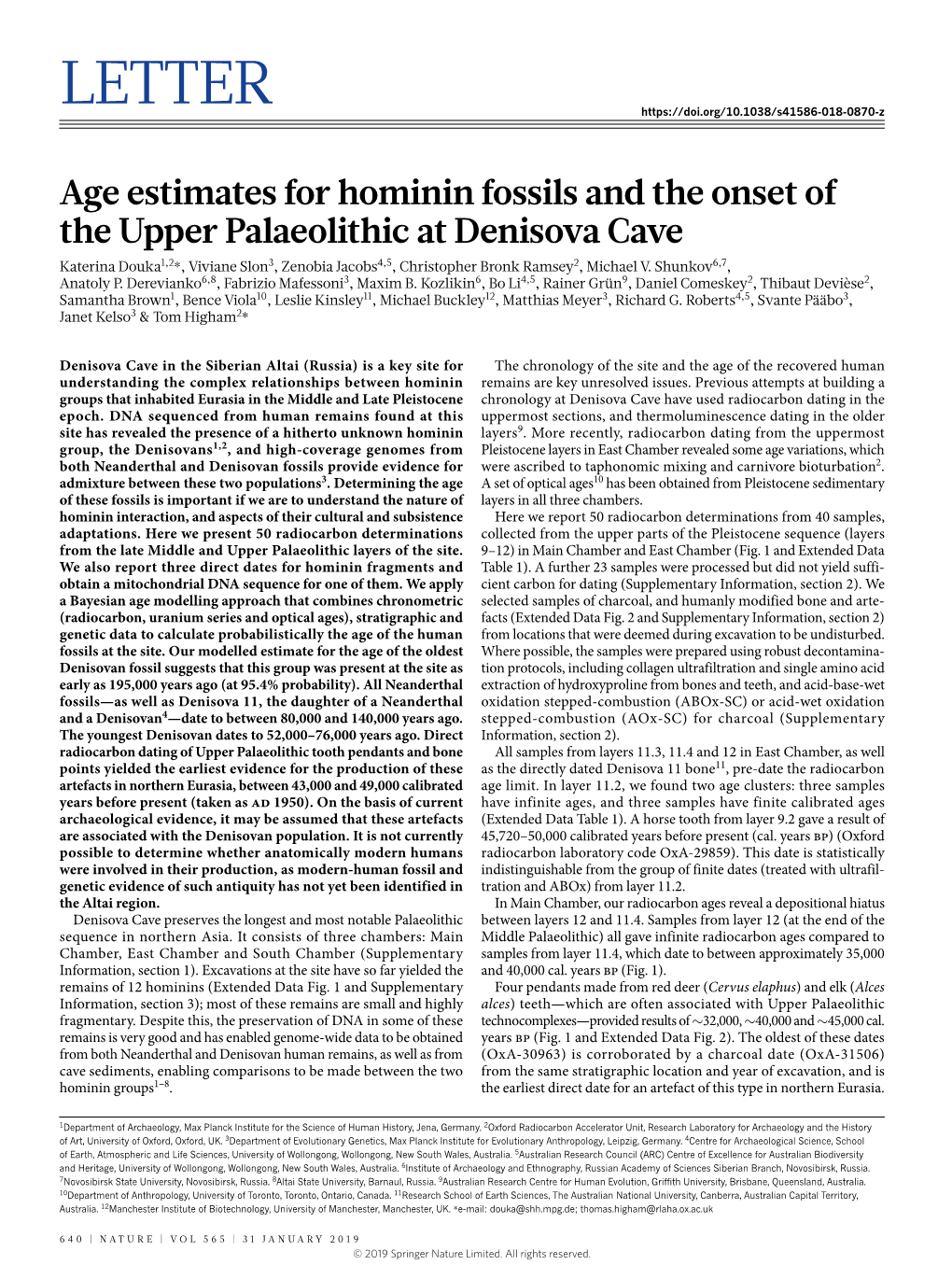 Age Estimates for Hominin Fossils and the Onset of the Upper Palaeolithic