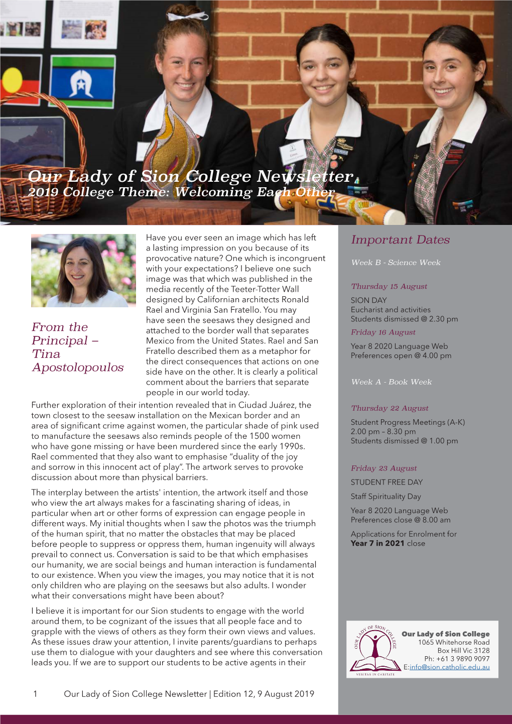 Principal Our Lady of Sion College Newsletter