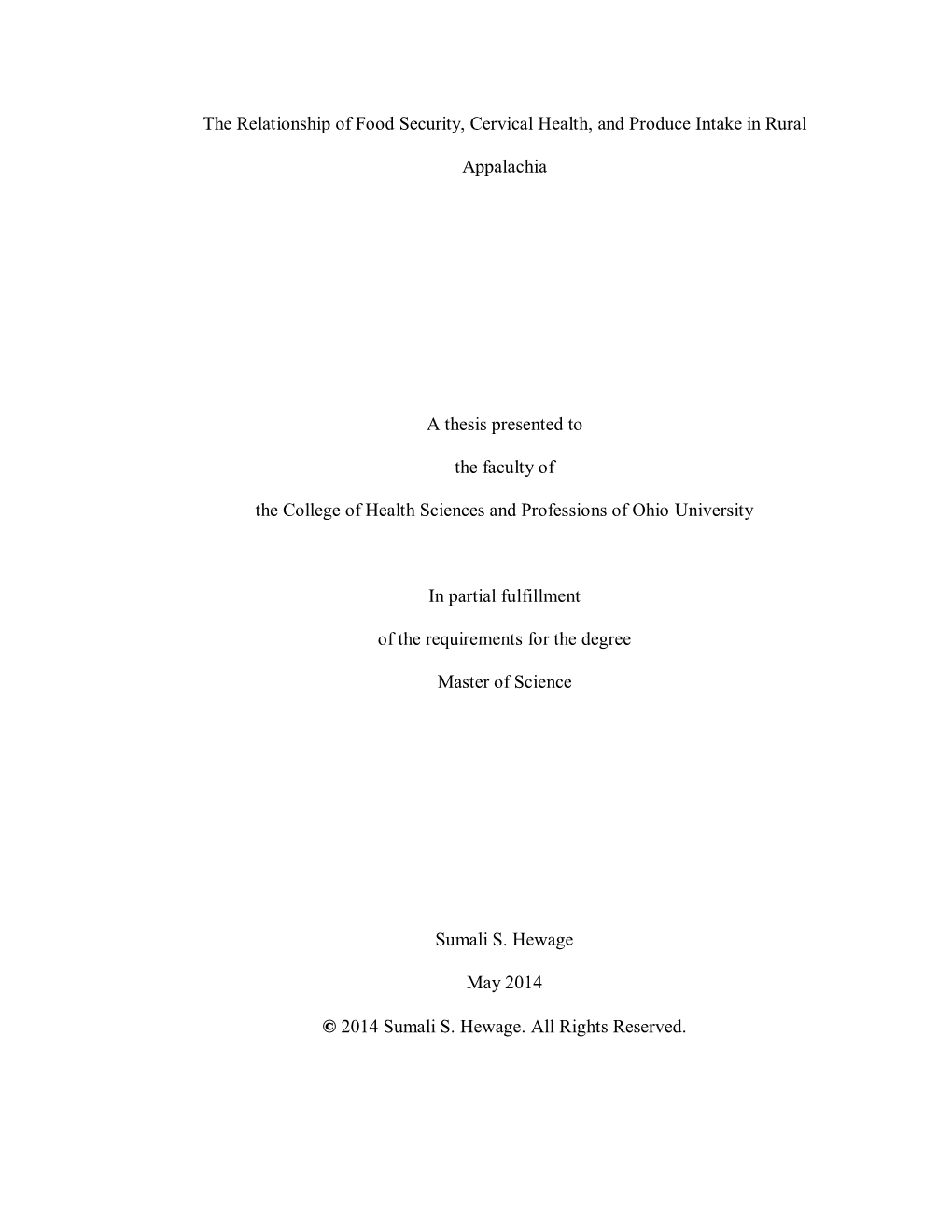 The Relationship of Food Security, Cervical Health, and Produce Intake in Rural