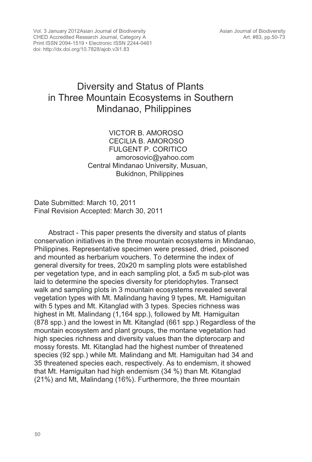 Diversity and Status of Plants in Three Mountain Ecosystems in Southern Mindanao, Philippines