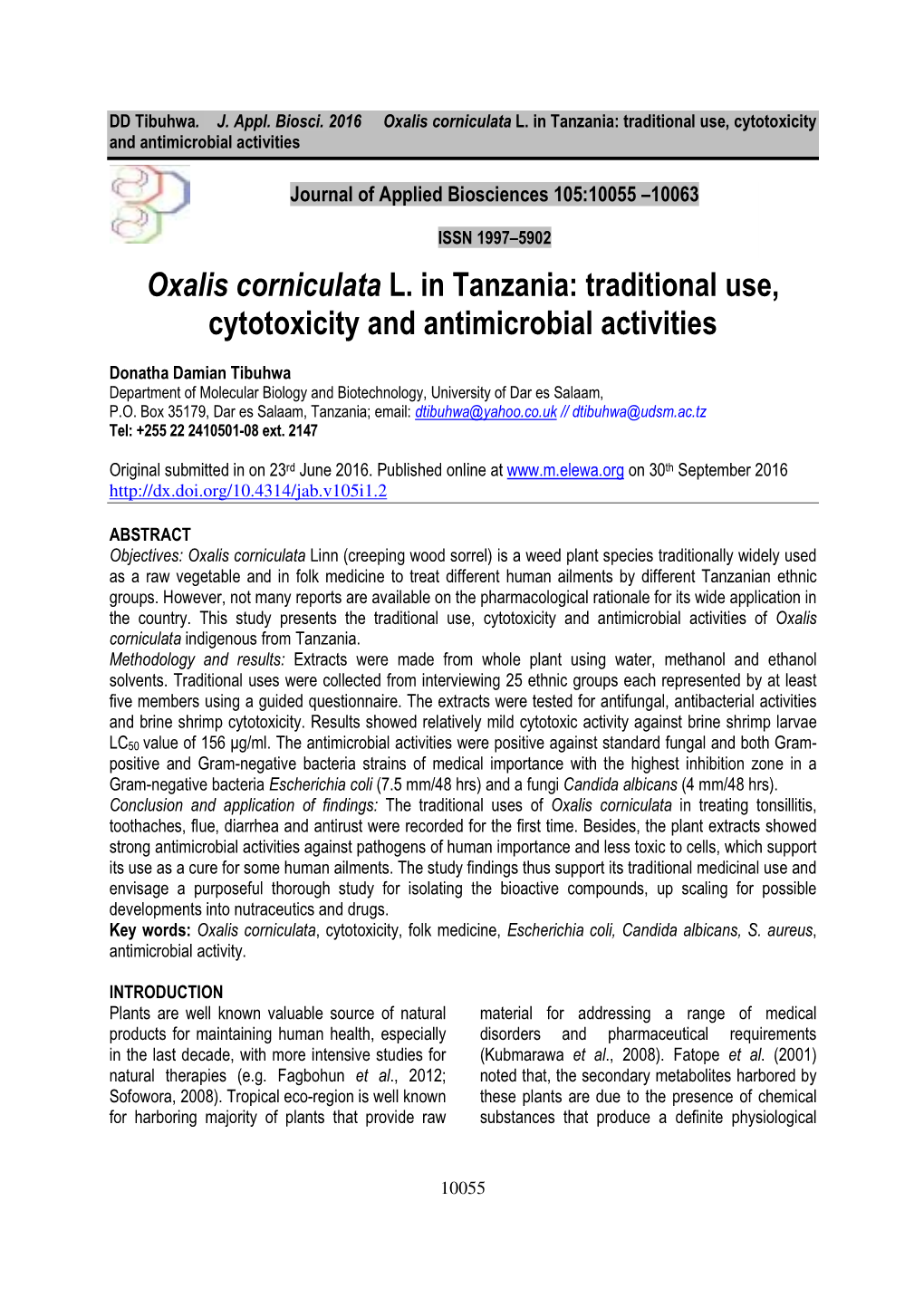 Oxalis Corniculata L. in Tanzania: Traditional Use, Cytotoxicity and Antimicrobial Activities