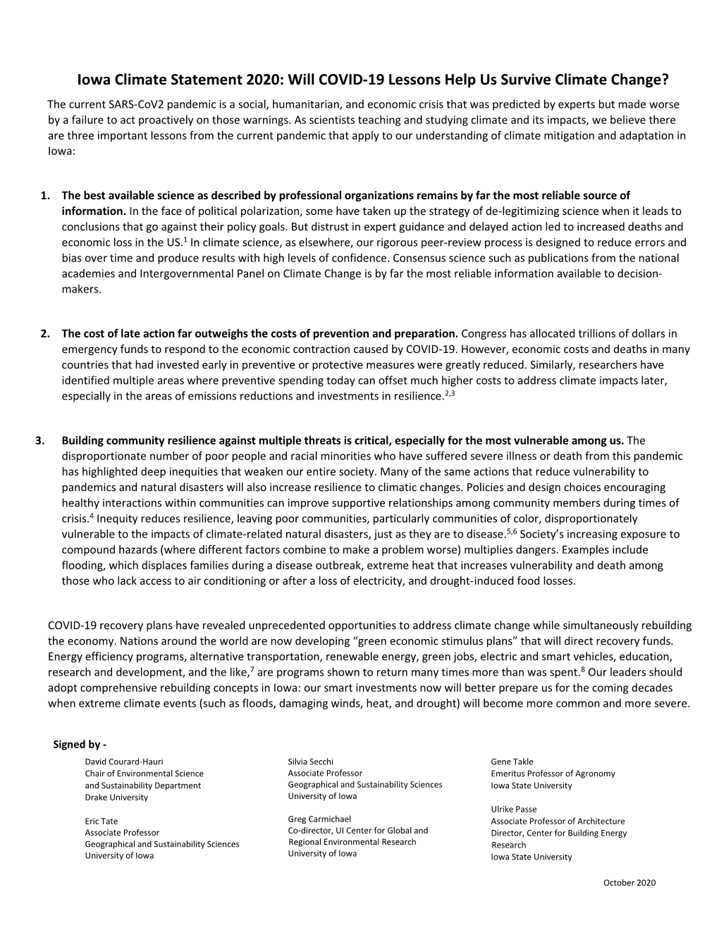 Iowa Climate Statement 2020