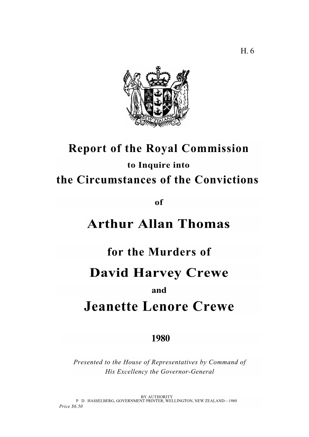 Arthur Allan Thomas for the Murders of David Harvey Crewe and Jeanette Lenore Crewe