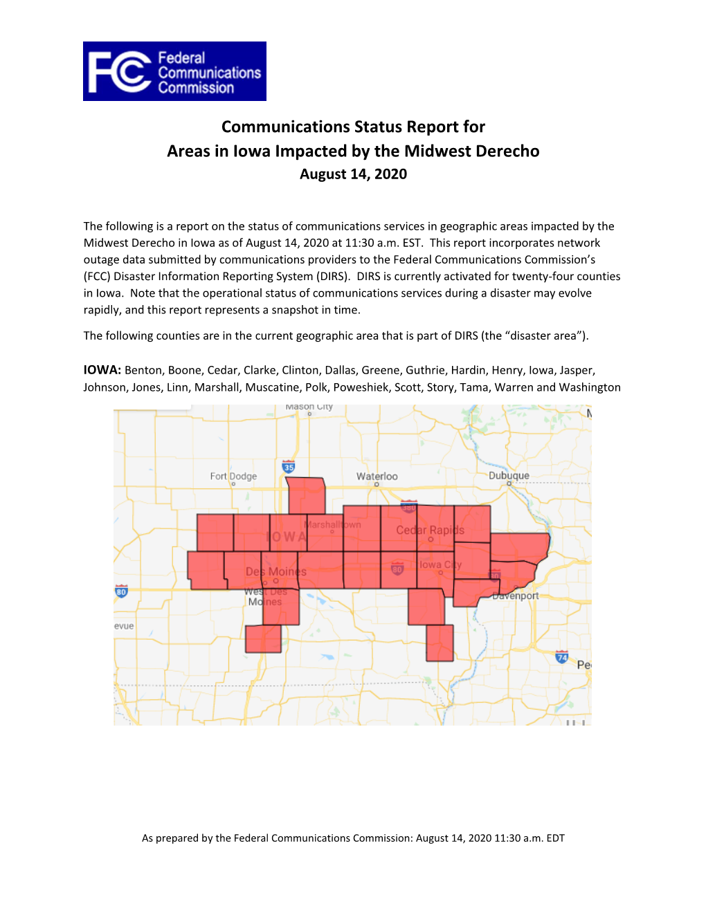 Communications Status Report for Areas in Iowa Impacted by the Midwest Derecho August 14, 2020