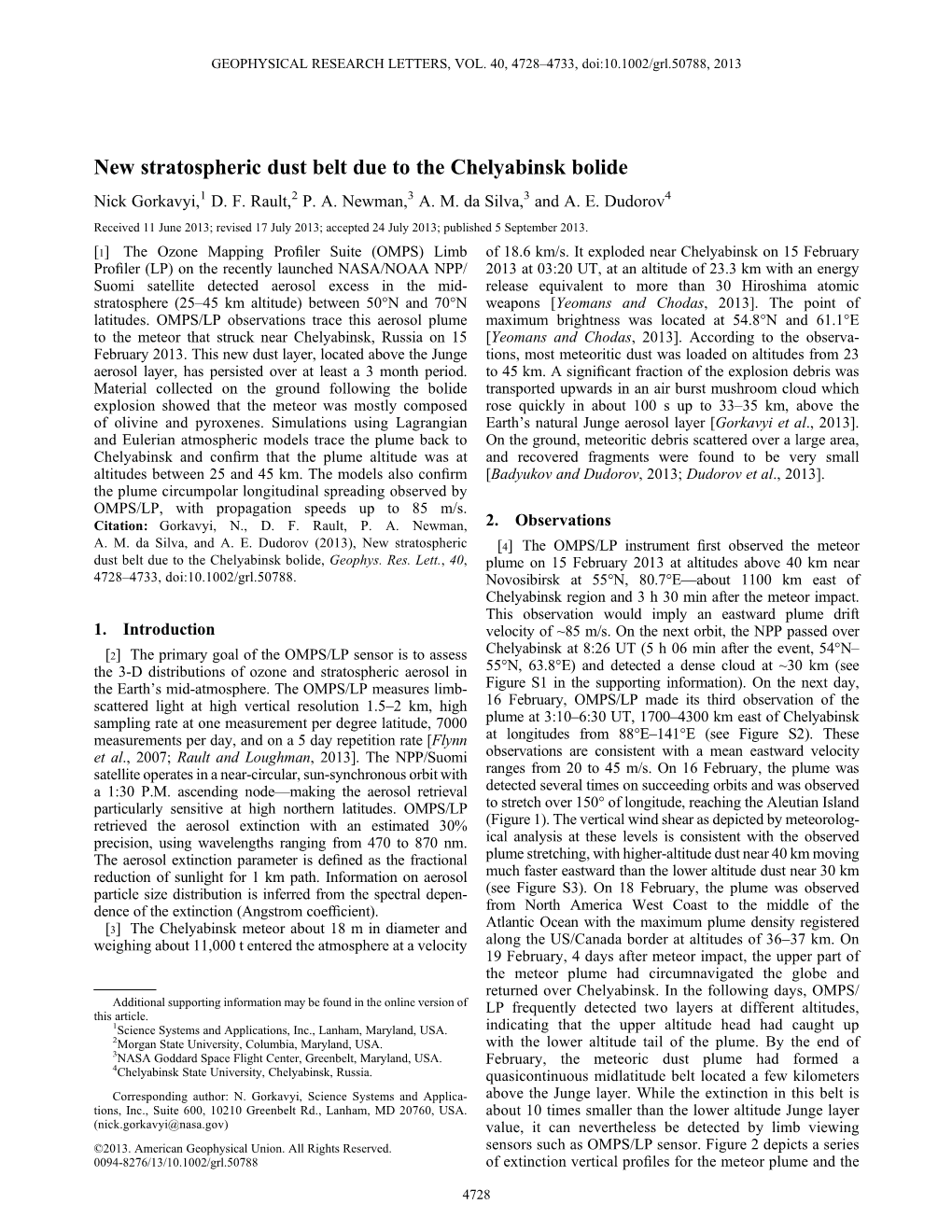 New Stratospheric Dust Belt Due to the Chelyabinsk Bolide Nick Gorkavyi,1 D