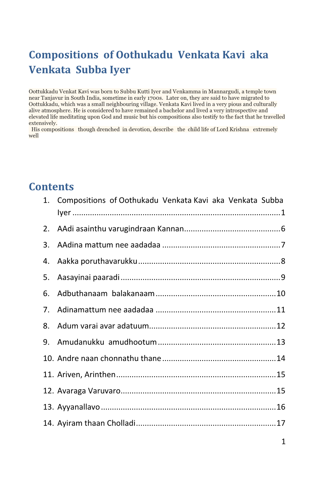 Compositions of Oothukadu Venkata Kavi Aka Venkata Subba Iyer Contents