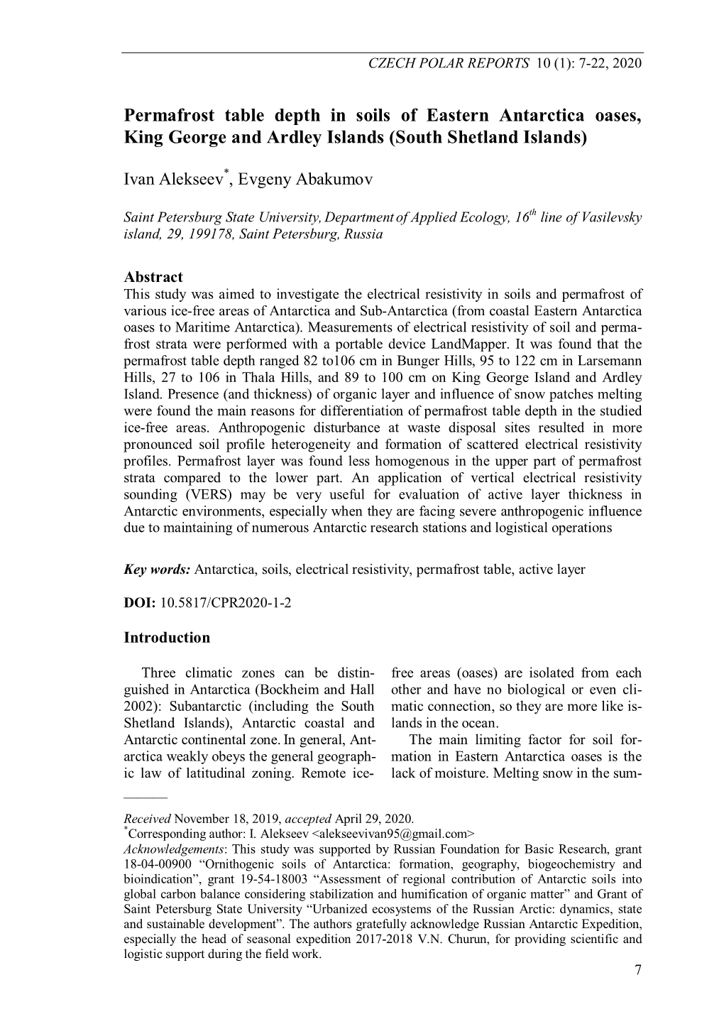 Permafrost Table Depth in Soils of Eastern Antarctica Oases, King George and Ardley Islands (South Shetland Islands)