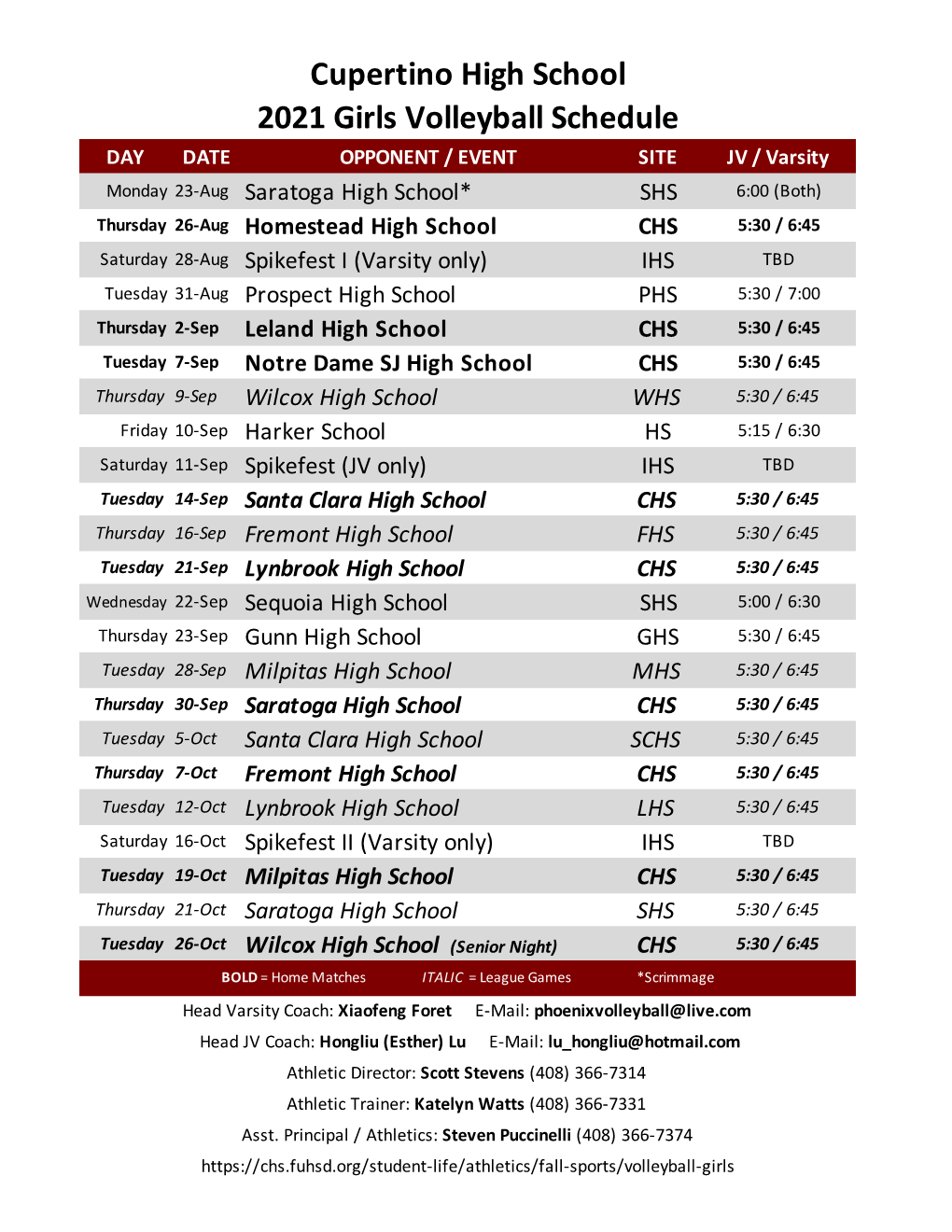 Cupertino High School 2021 Girls Volleyball Schedule