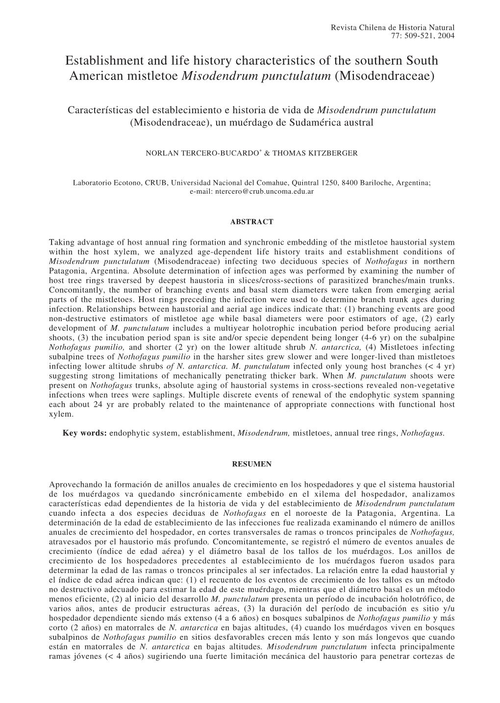 Establishment and Life History Characteristics of the Southern South American Mistletoe Misodendrum Punctulatum (Misodendraceae)