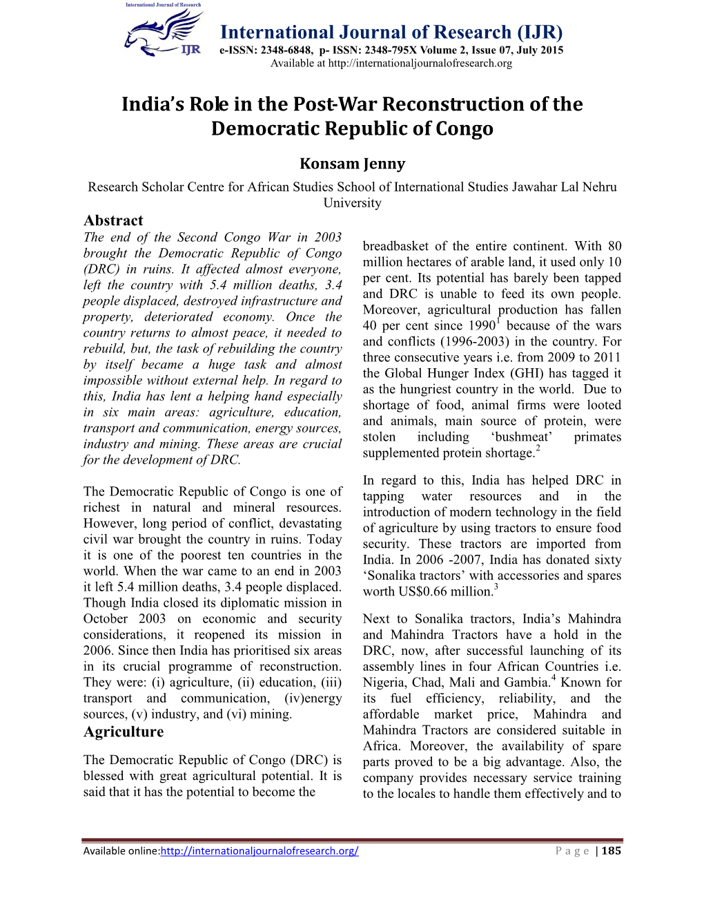 India's Role in the Post-War Reconstruction of the Democratic