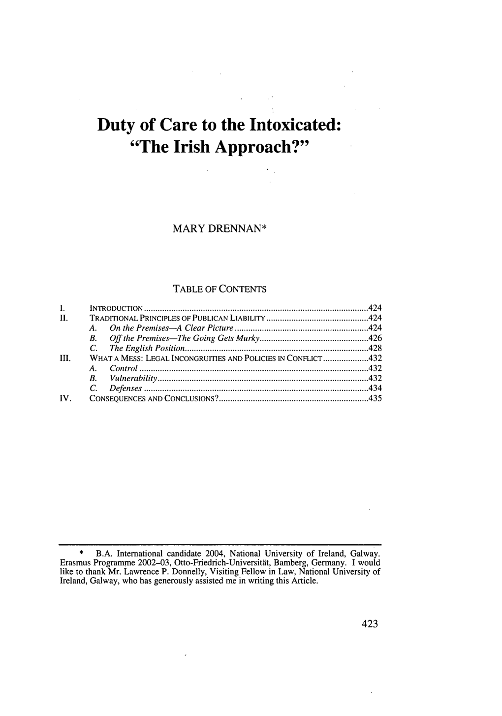 Duty of Care to the Intoxicated: the Irish Approach