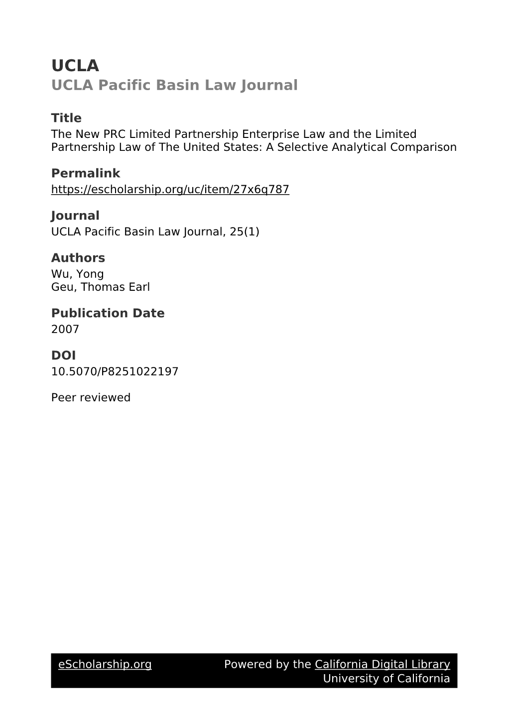 New PRC Limited Partnership Enterprise Law and the Limited Partnership Law of the United States: a Selective Analytical Comparison