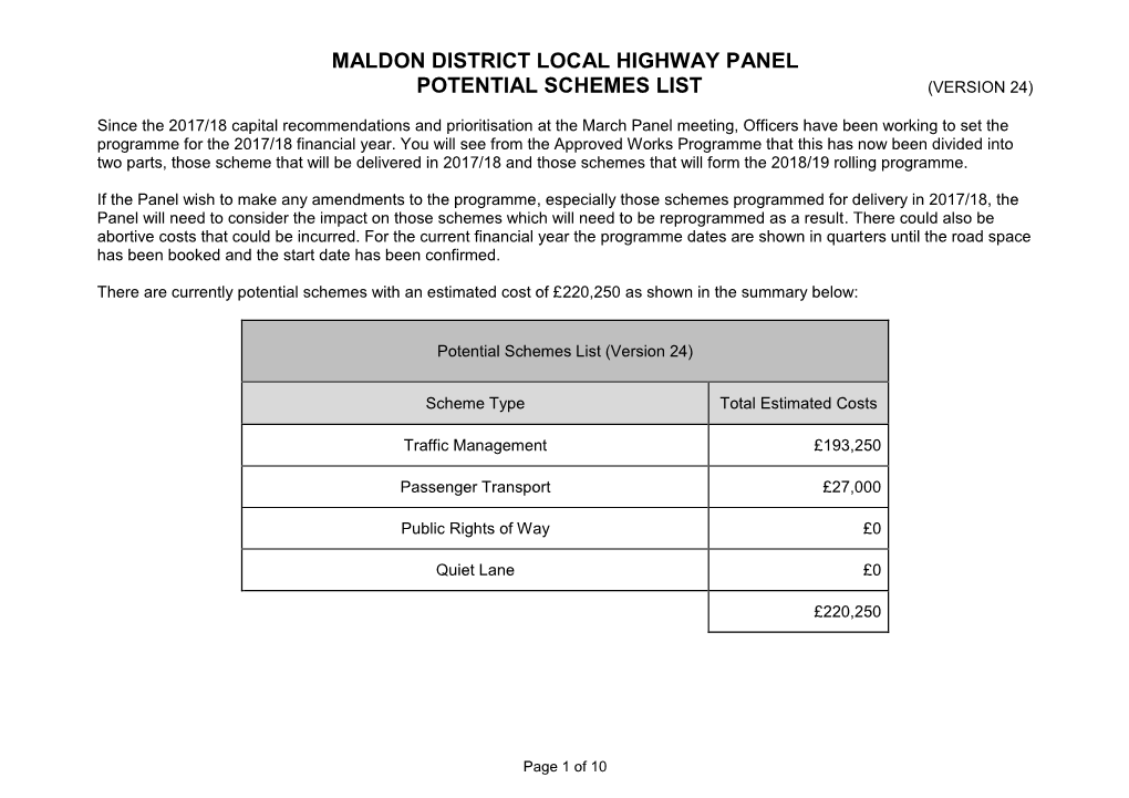 Maldon District Local Highway Panel Potential Schemes List (Version 24)