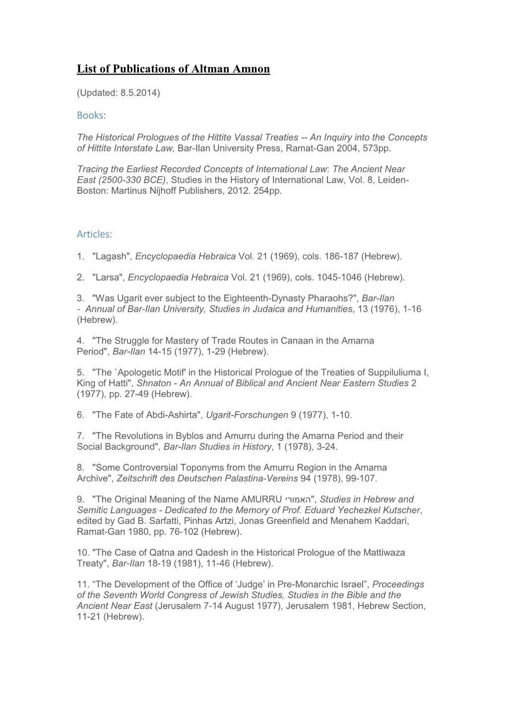 List of Publications of Altman Amnon