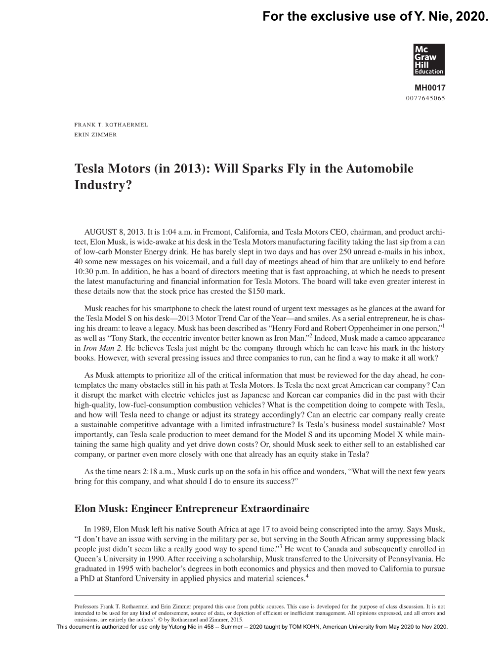 Tesla Motors (In 2013): Will Sparks Fly in the Automobile Industry?