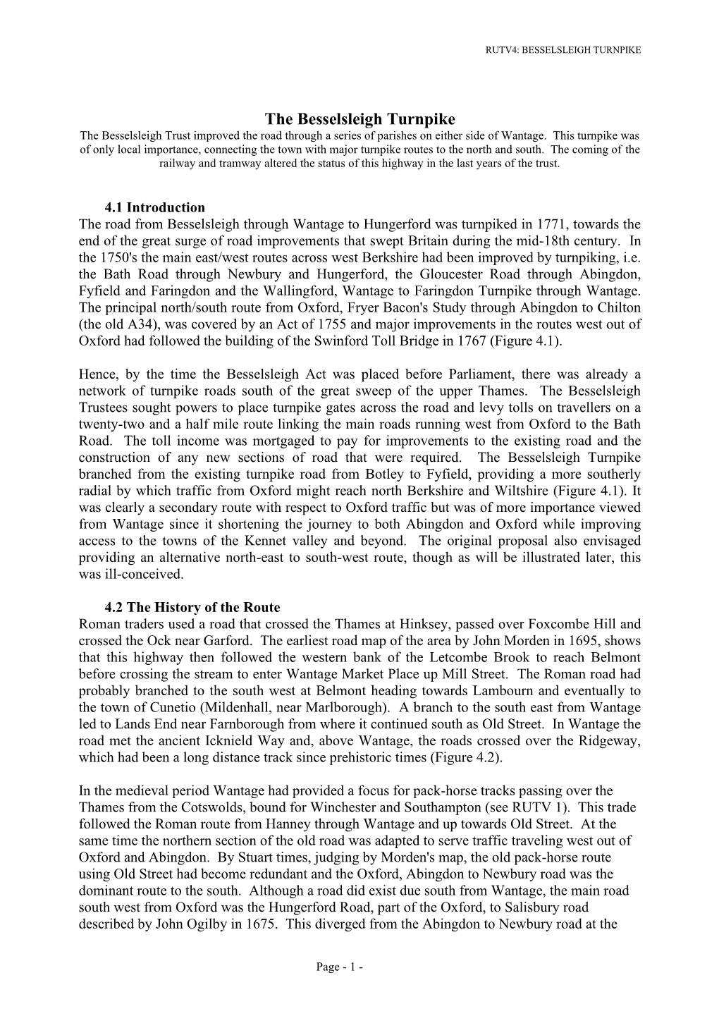 The Besselsleigh Turnpike the Besselsleigh Trust Improved the Road Through a Series of Parishes on Either Side of Wantage