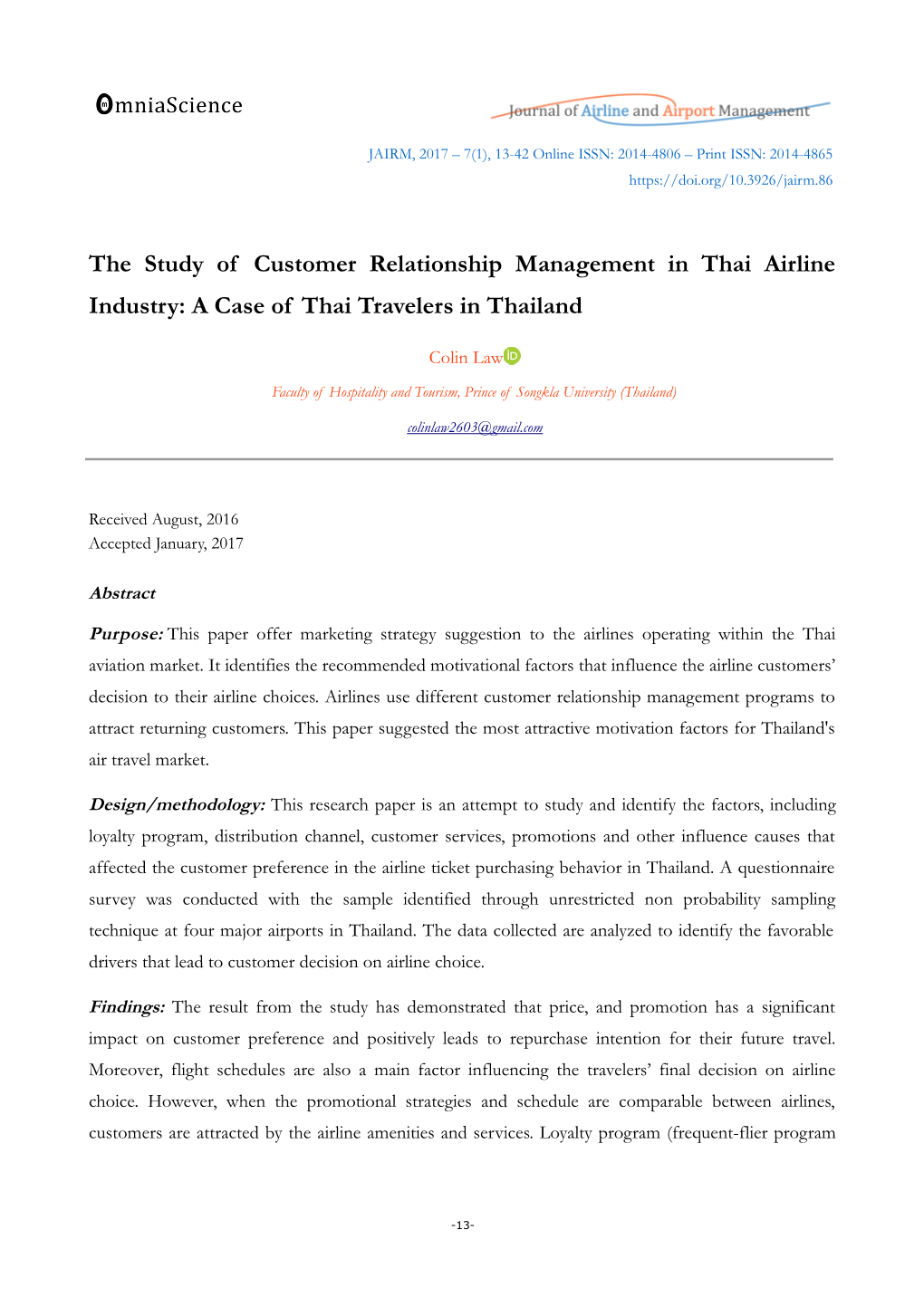 The Study of Customer Relationship Management in Thai Airline Industry: a Case of Thai Travelers in Thailand