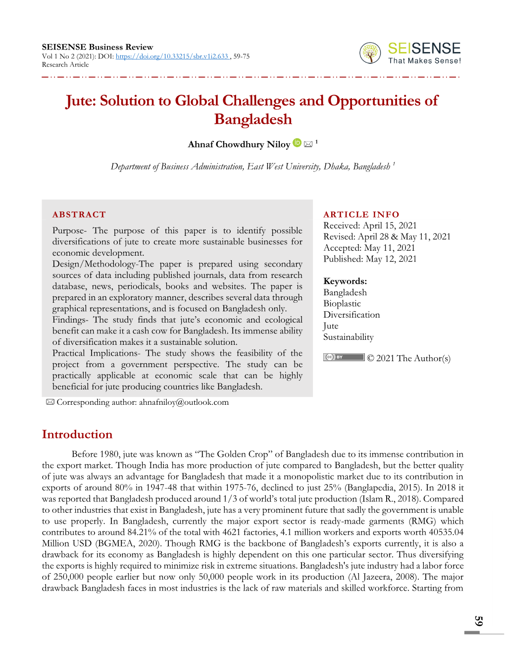 Jute: Solution to Global Challenges and Opportunities of Bangladesh