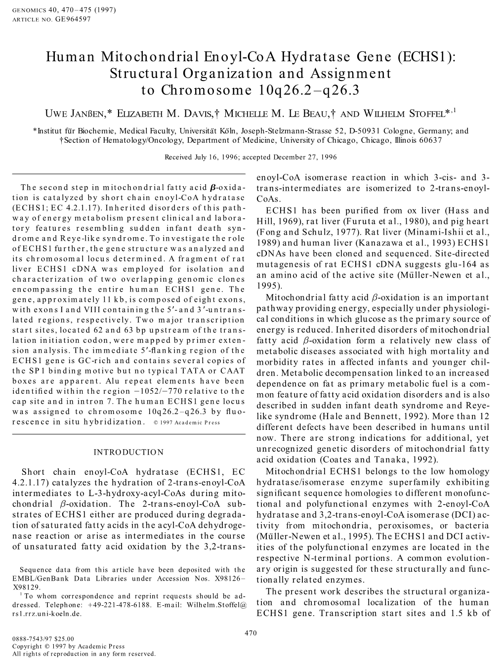 Human Mitochondrial Enoyl-Coa Hydratase Gene (ECHS1): Structural Organization and Assignment to Chromosome 10Q26.2–Q26.3