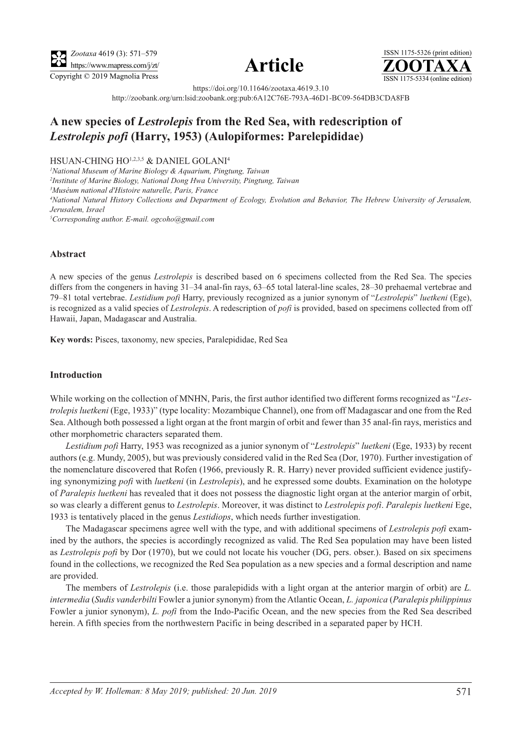 A New Species of Lestrolepis from the Red Sea, with Redescription of Lestrolepis Pofi (Harry, 1953) (Aulopiformes: Parelepididae)