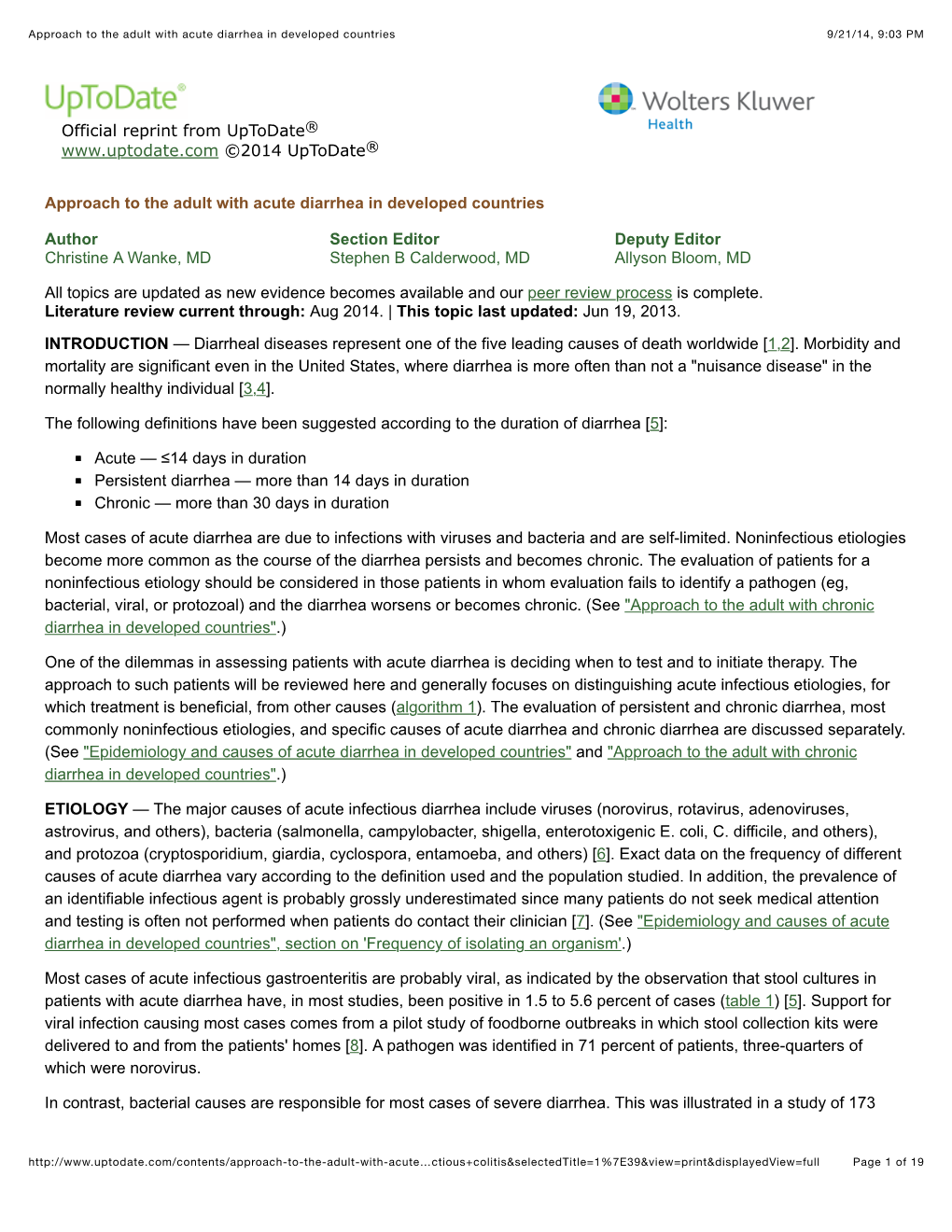 Approach to the Adult with Acute Diarrhea in Developed Countries 9/21/14, 9:03 PM