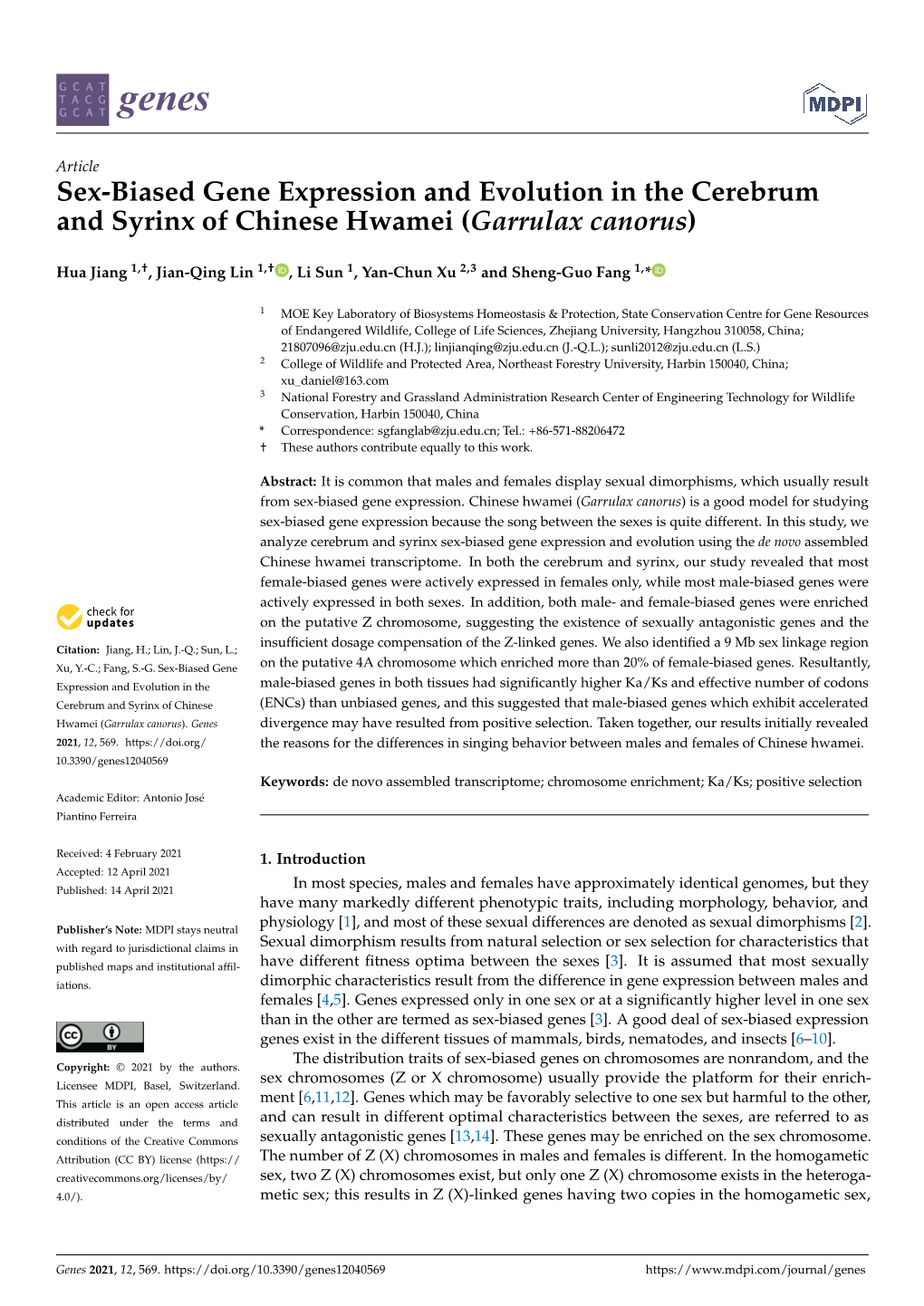 Sex-Biased Gene Expression and Evolution in the Cerebrum and Syrinx of Chinese Hwamei (Garrulax Canorus)