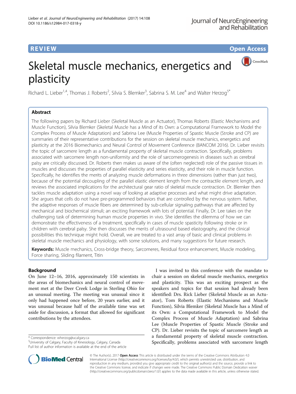 Skeletal Muscle Mechanics, Energetics and Plasticity Richard L