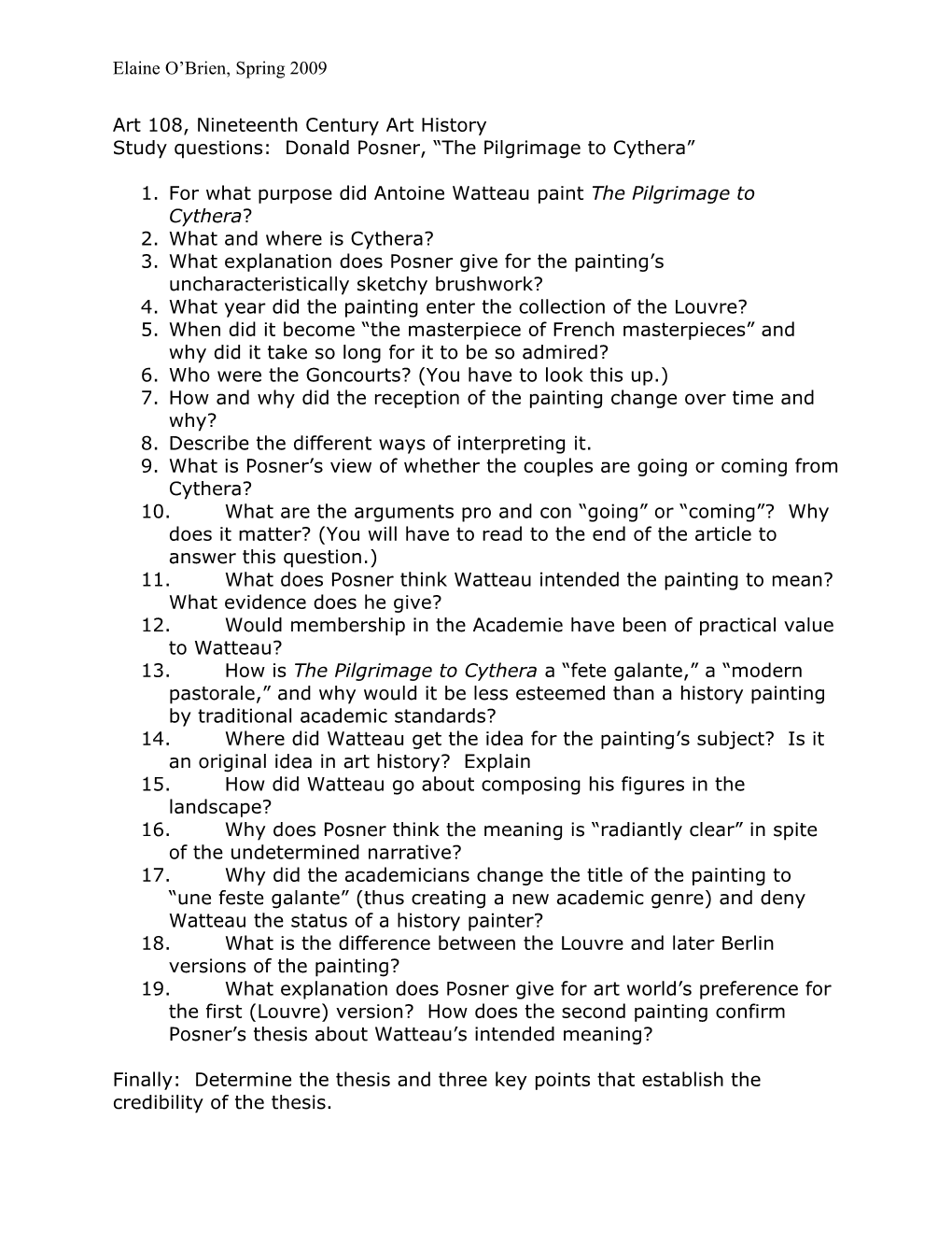 Study Questions: Donald Posner, the Pilgrimage to Cythera