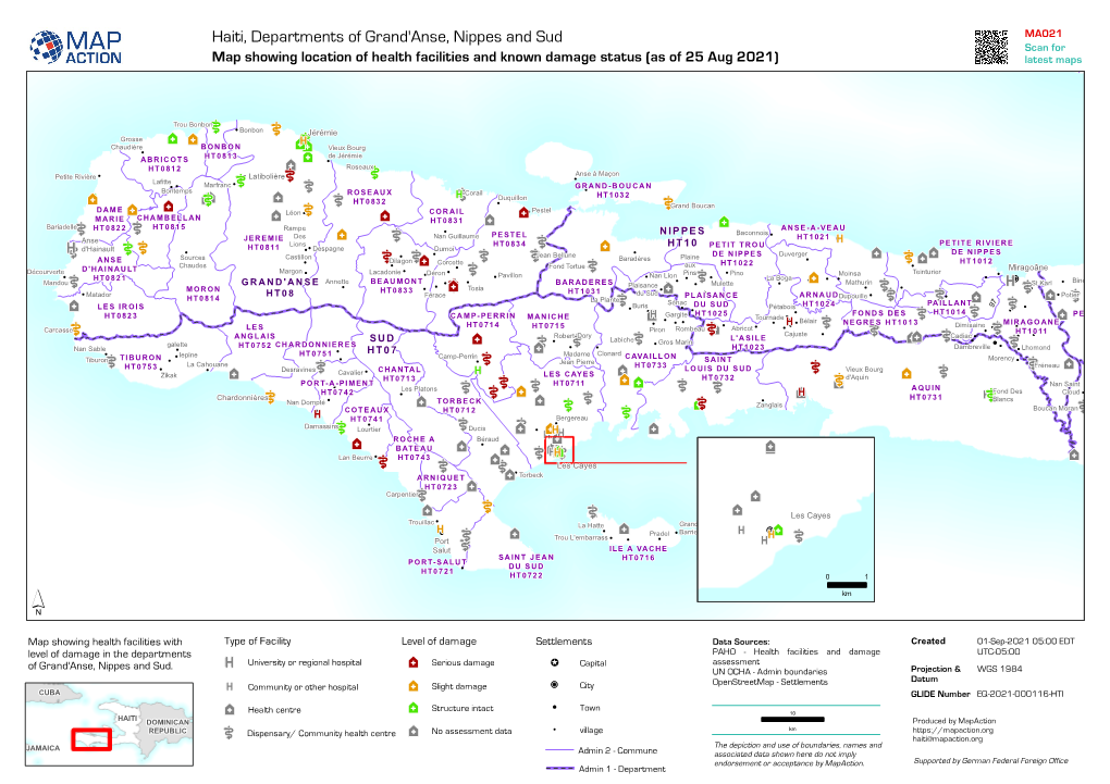 Haiti, Departments of Grand'anse, Nippes and Sud MA021 Scan for Map Showing Location of Health Facilities and Known Damage Status (As of 25 Aug 2021) Latest Maps