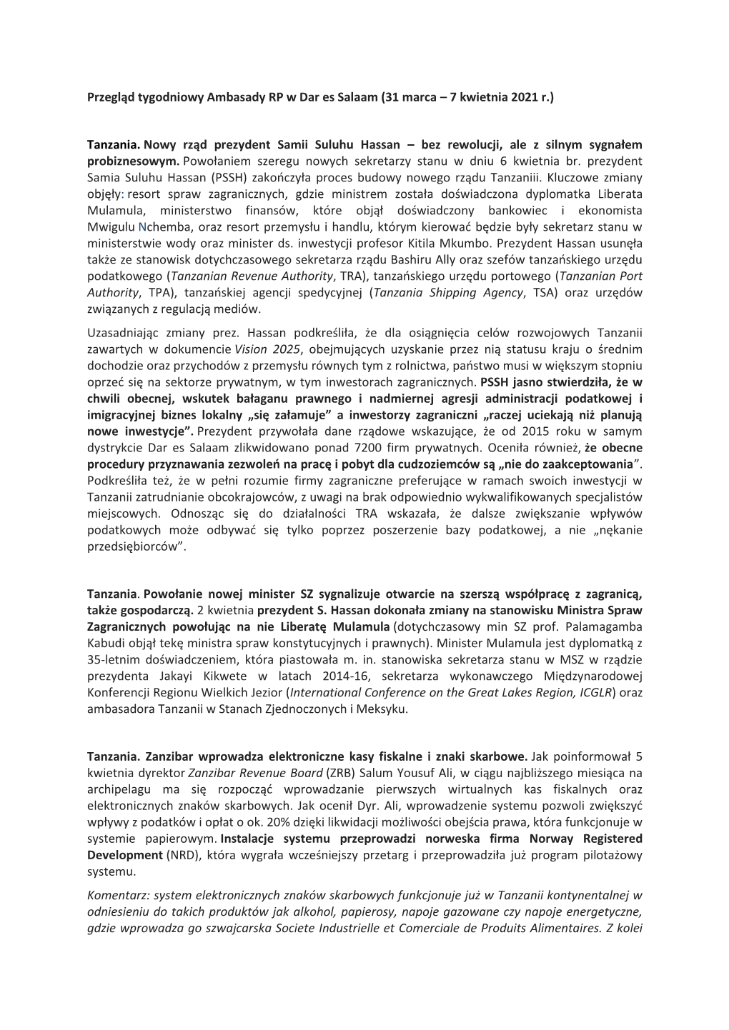 Przegląd Tygodniowy Ambasady RP W Dar Es Salaam (31 Marca – 7 Kwietnia 2021 R.)