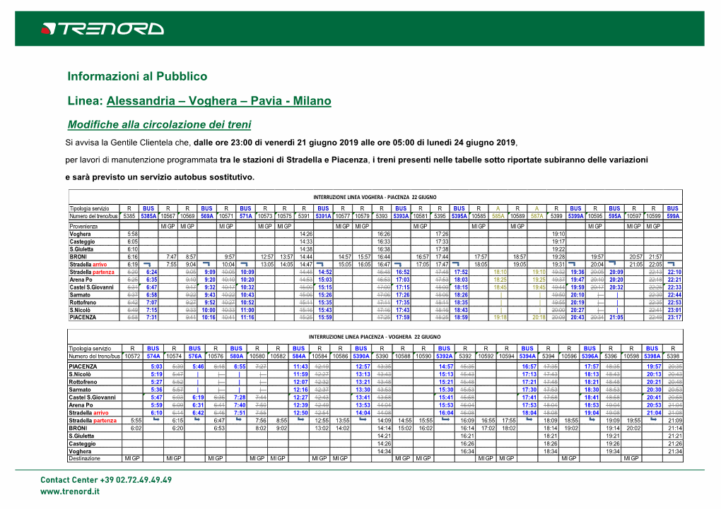 Informazioni Al Pubblico Linea: Alessandria – Voghera – Pavia