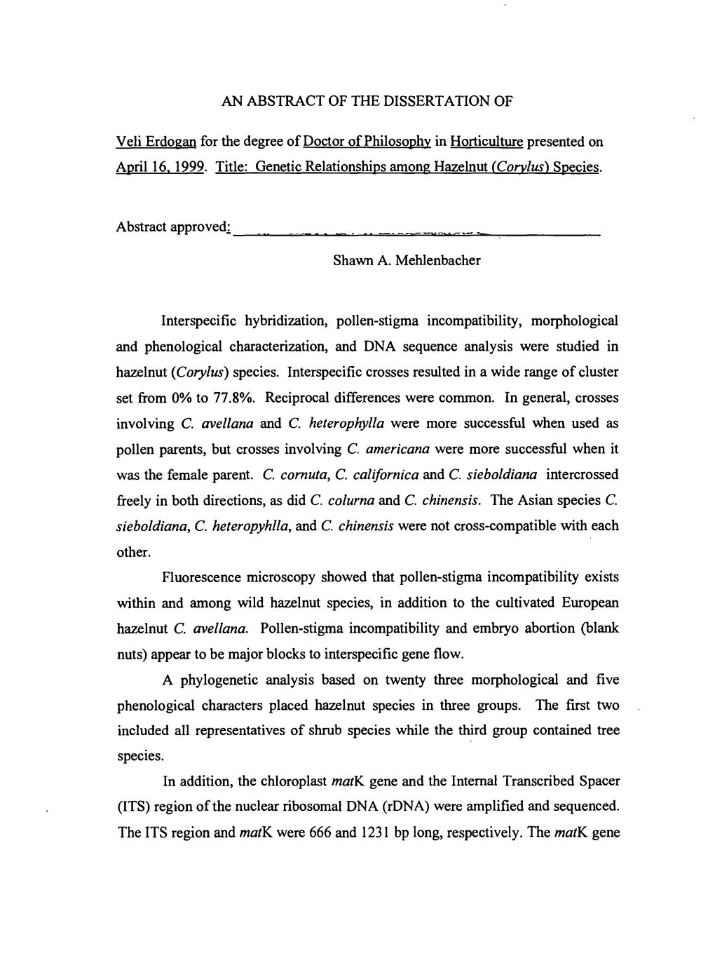 AN ABSTRACT of the DISSERTATION of Veli Erdogan