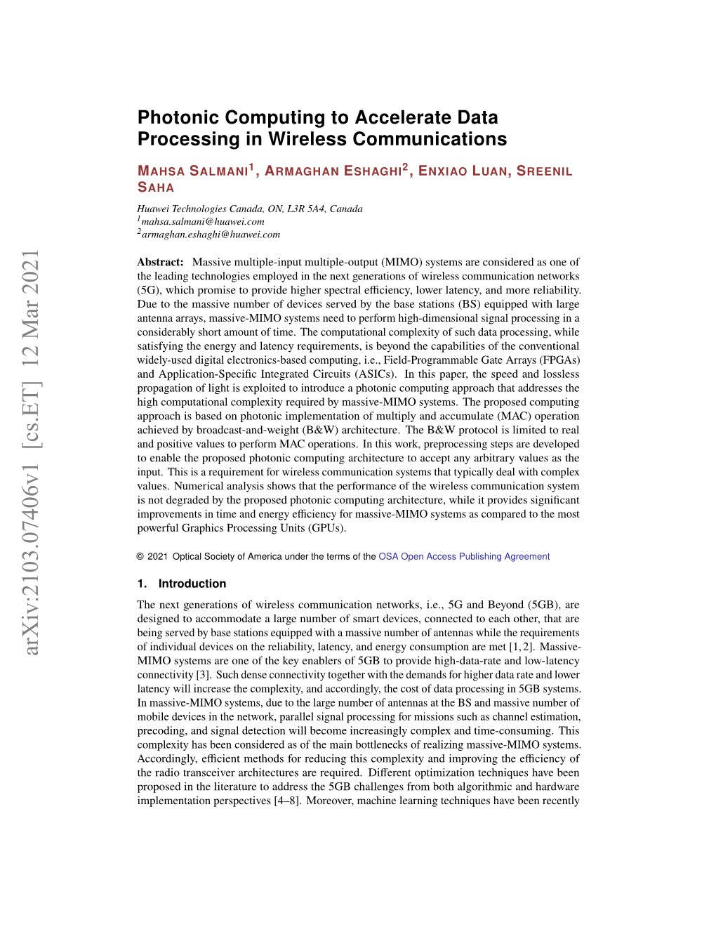 Photonic Computing to Accelerate Data Processing in Wireless Communications