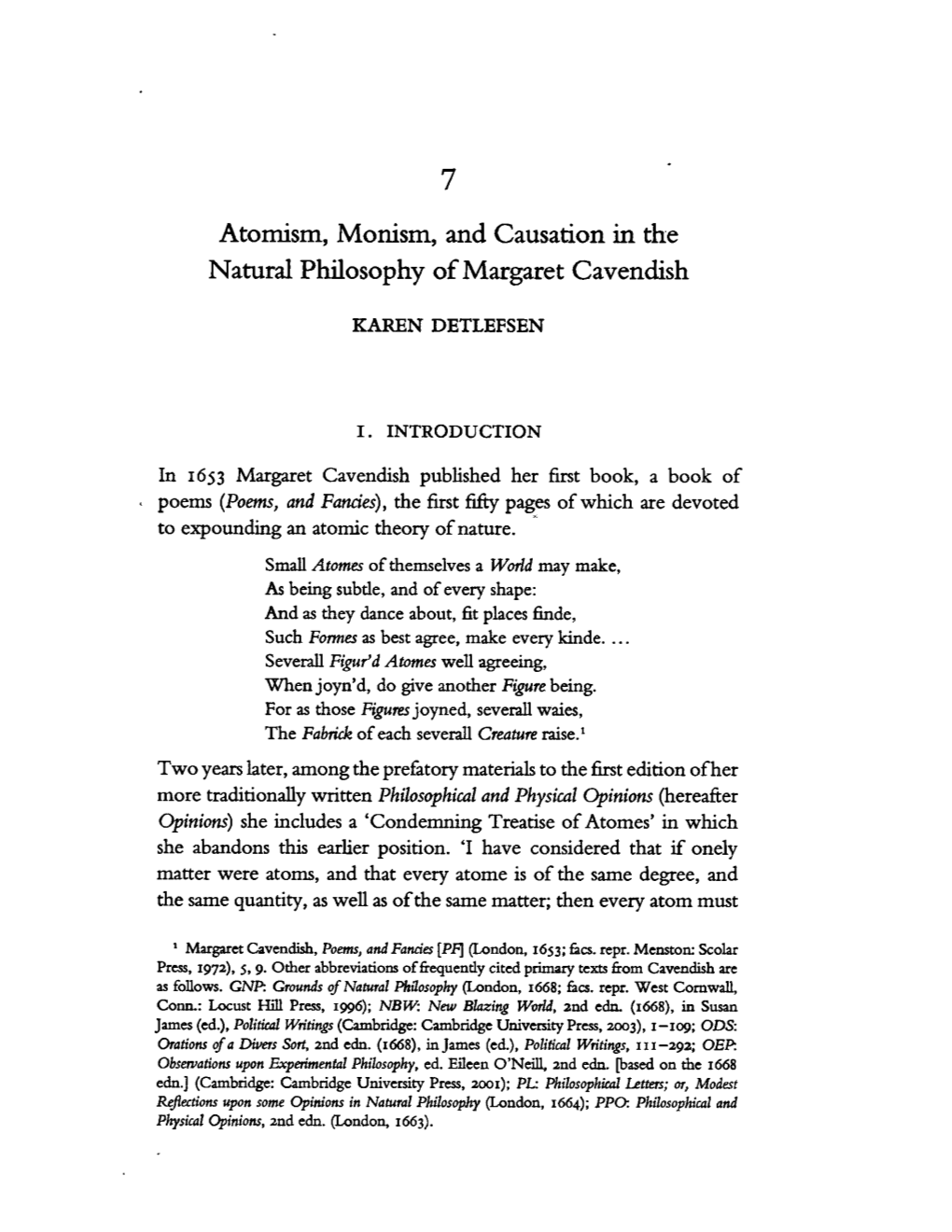 Atomism, Monism, and Causation in the Natural Philosophy of Margaret Cavendish