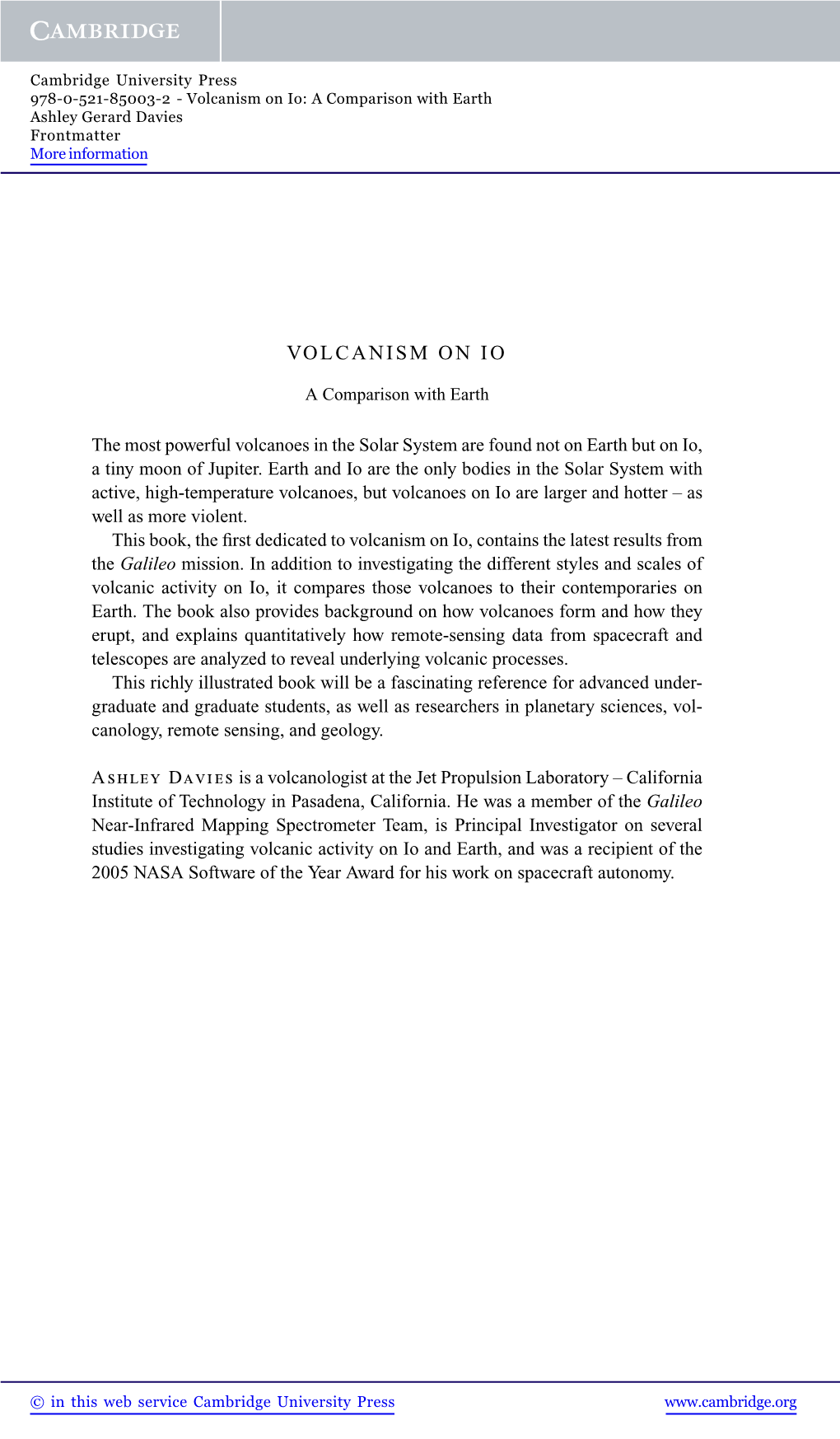 Volcanism on Io: a Comparison with Earth Ashley Gerard Davies Frontmatter More Information