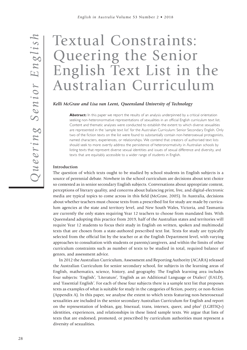 Queering the Senior English Text List in the Australian Curriculum