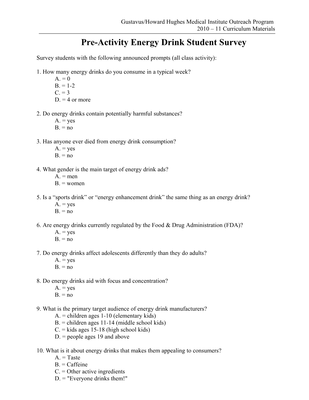 Pre-Activity Energy Drink Student Survey