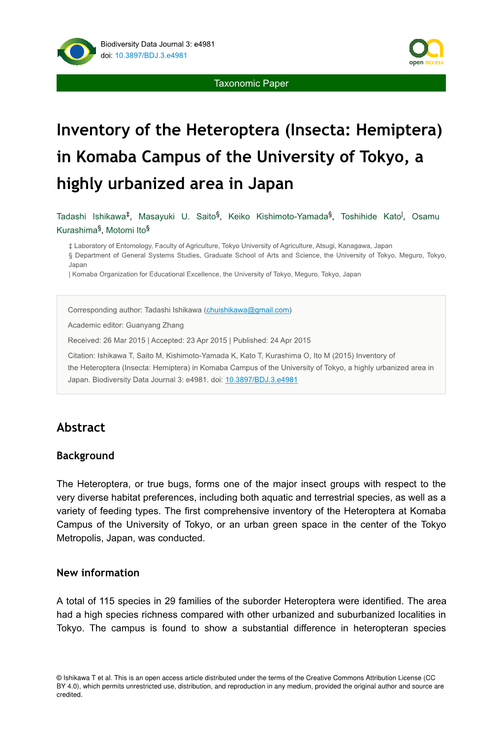 Inventory of the Heteroptera (Insecta: Hemiptera) in Komaba Campus of the University of Tokyo, a Highly Urbanized Area in Japan